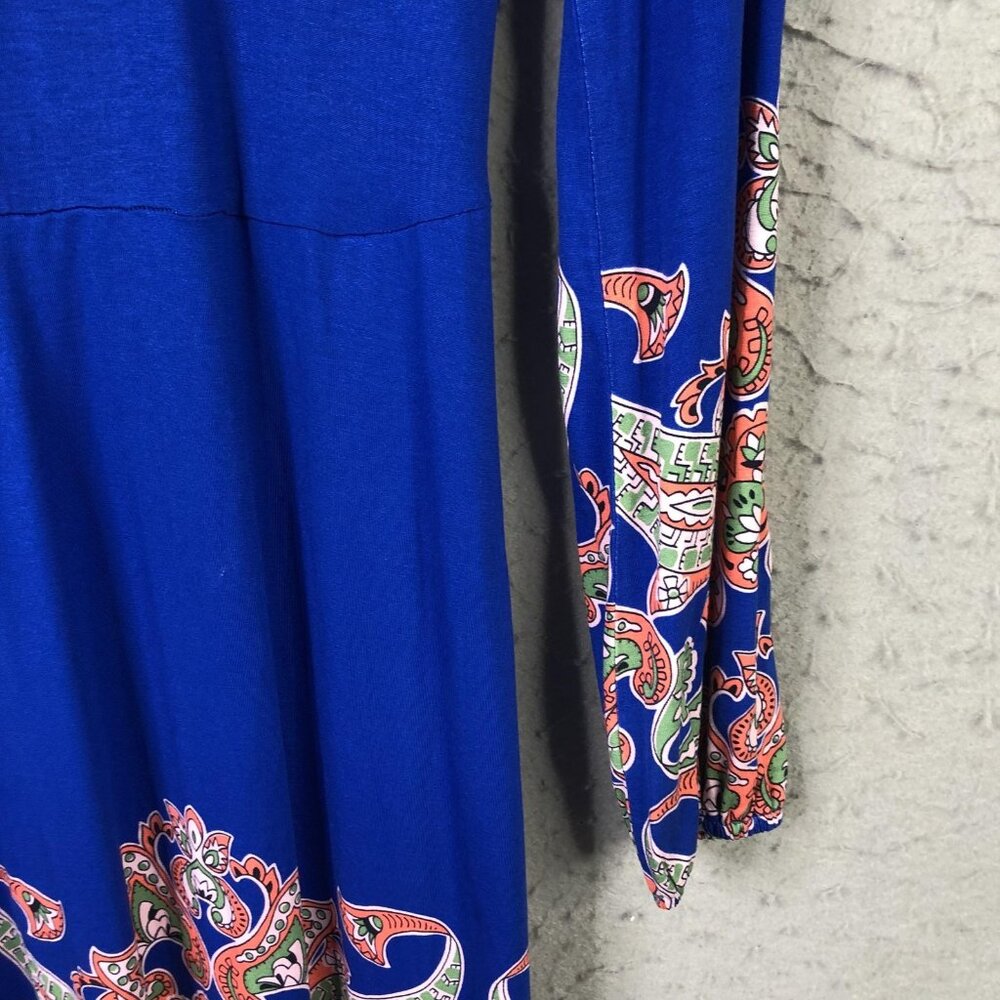 Boden Dress Womens 4 Blue Paisley Jersey Maxi Fit Flare Long Sleeve Boho Belted - Picture 14 of 16